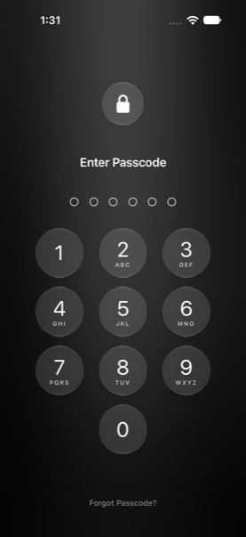 The Hushtrove lock screen: a passcode keypad on a dark graphite background.