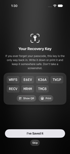 The Recovery Key screen, showing a 28-character key in groups of four.